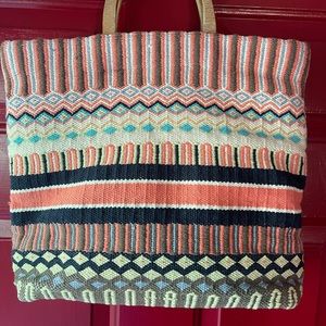 J. Jill Woven Cotton Tote Bag Wooden Handles Lined